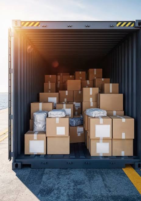 Open shipping container packed with cardboard boxes, ready for freight