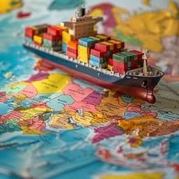 Miniature cargo ship on a world map, representing international shipping routes